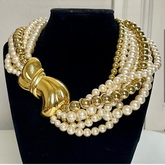 Vintage Napier Faux Pearl Multi-Strand Necklace + Unmarked Faux Pearl Clip-Ons - Picture 3 of 8